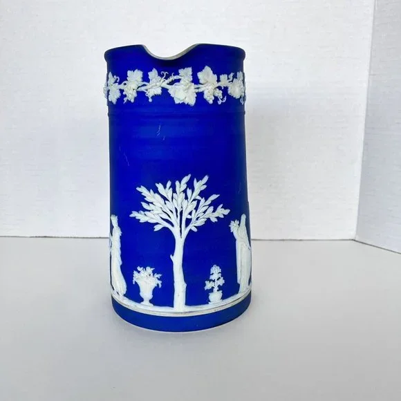 Vintage Wedgwood Dark Cobalt Blue & White Jasperware Pitcher 6-1/4 Tall